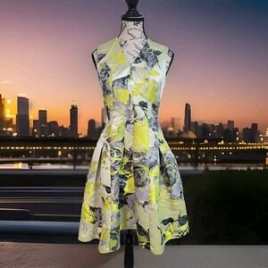 Carmen Marc Valvo Architectural Sateen Cocktail Dress with Painterly Botanical 4